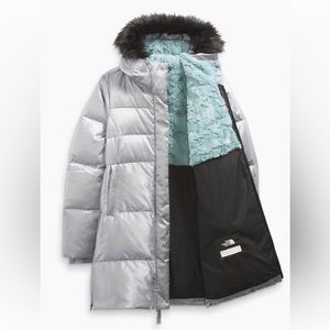 North Face Girls Parka Silver with Black Fur Size 5